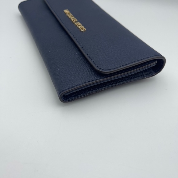 Michael Kors blue leather jet set travel Trifold wallet women gold tone - Picture 2 of 11